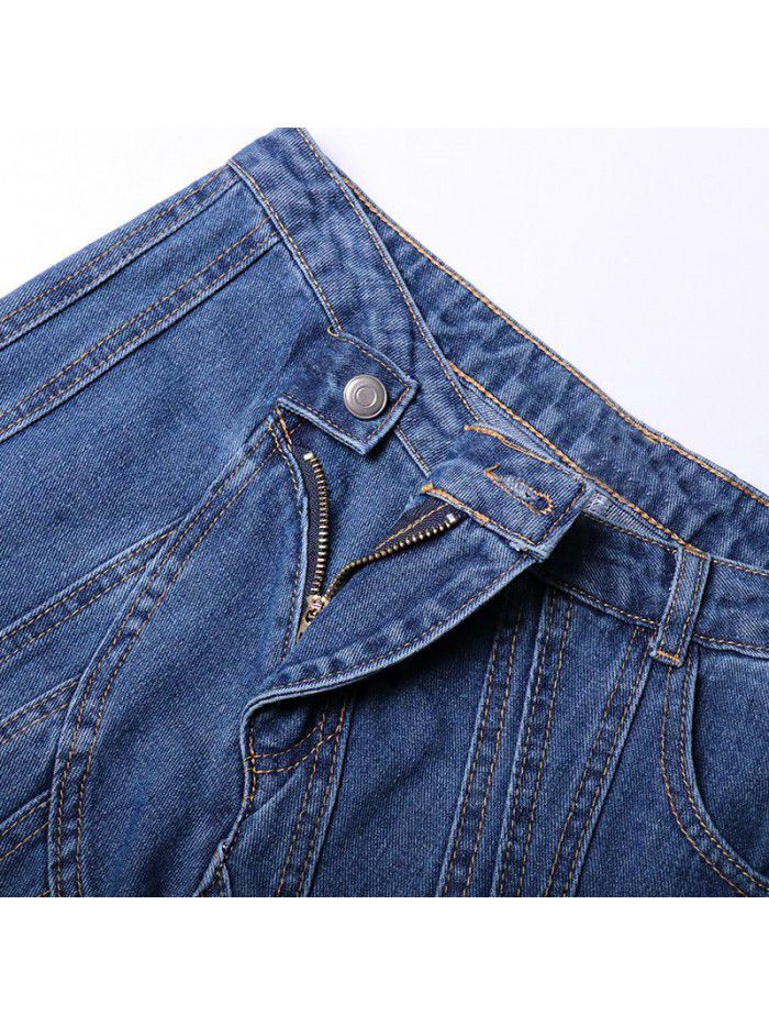Autumn New Wash Irregular Line Spliced Mid Waist Style Long Casual Pants 