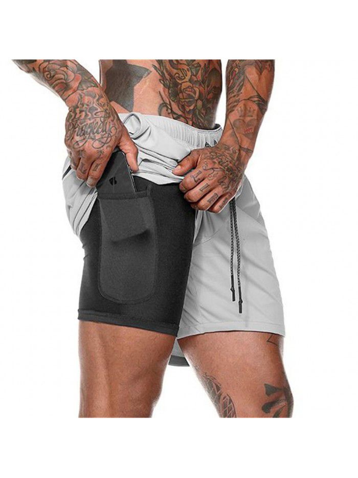 Men's double layer shorts, solid mesh sports and fitness training pants, five point casual pants, men's pants 