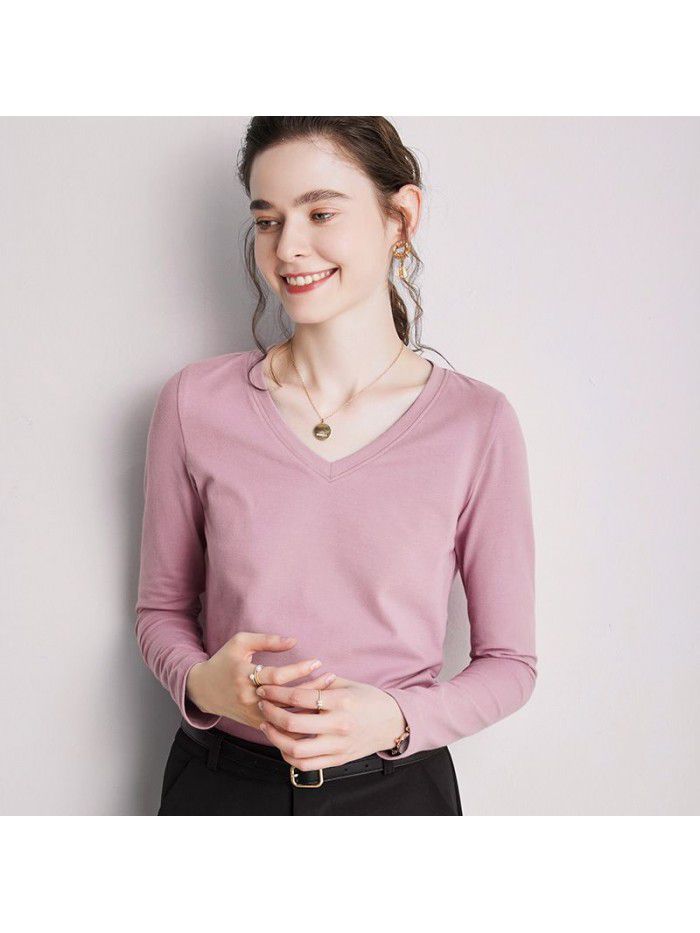 Women's Long sleeved T-shirt Women's Summer New Underlay V-neck T-shirt Loose Solid Color Simple 