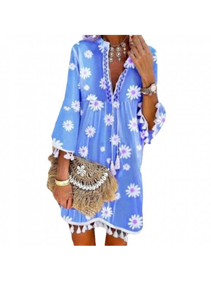 Summer New Hot Selling Print Daisy 3/4 Sleeve Tassel V-Neck Print Dress 