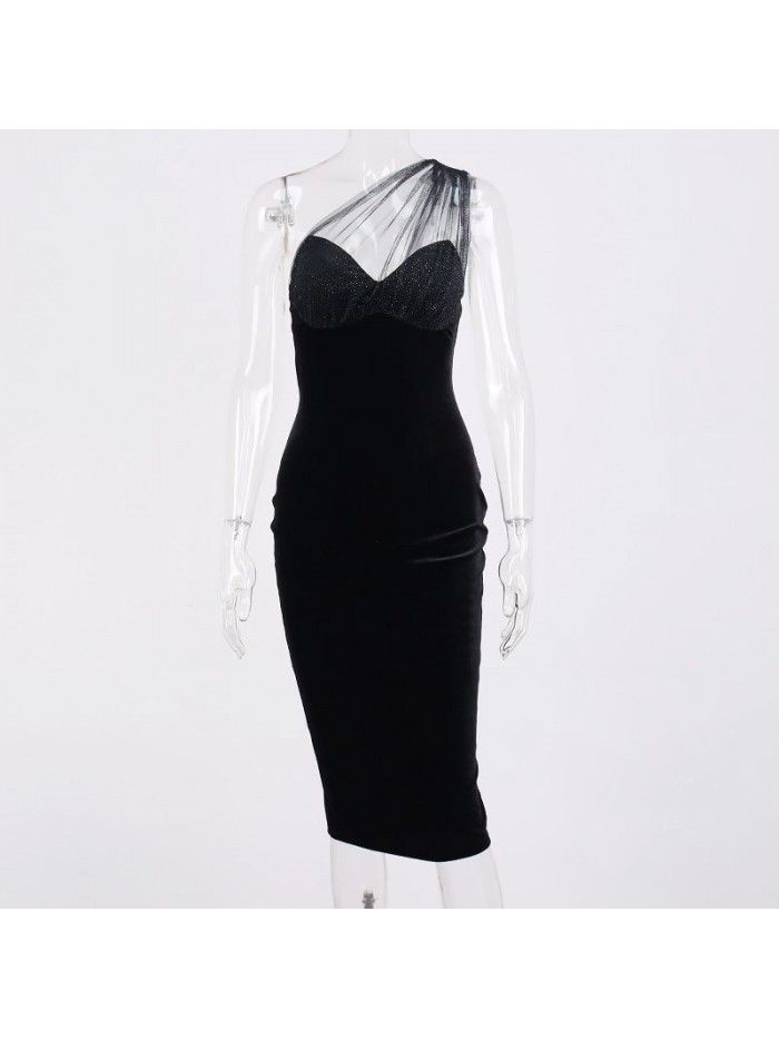 Sexy One Shoulder Perspective Shiny Silk Patch Mid length Dress 