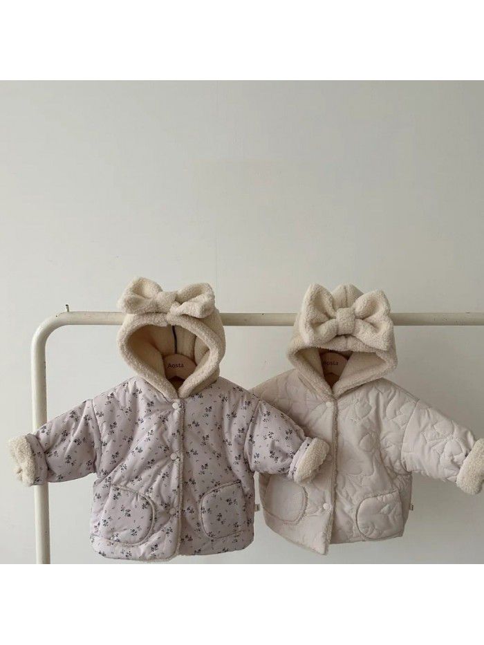 Baby plush winter men and women's clothing bow hooded Korean version newborn warm cotton jacket jacket