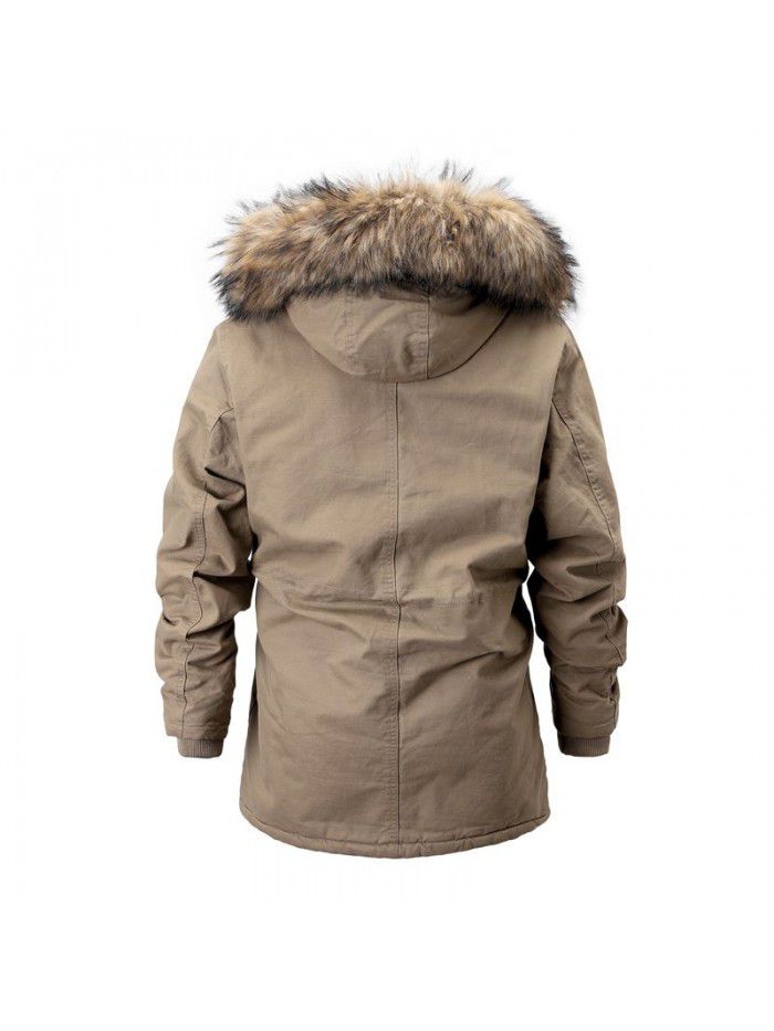 Men's cotton jacket with plush and winter cotton jacket, men's mid length thick and warm jacket