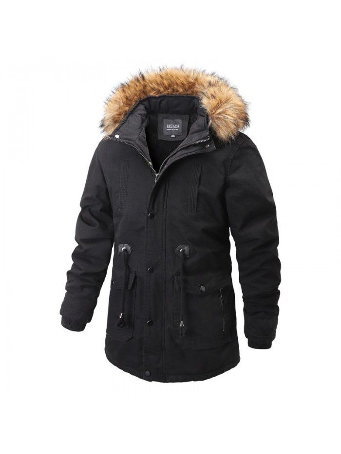 Men's cotton jacket with plush and winter cotton jacket, men's mid length thick and warm jacket