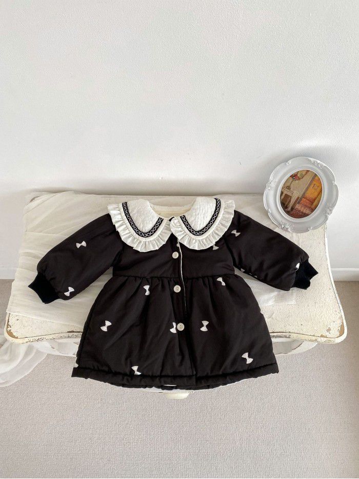 Baby winter cotton jacket, girl baby long thick cardigan, cotton jacket with stylish lace lapel and cotton jacket