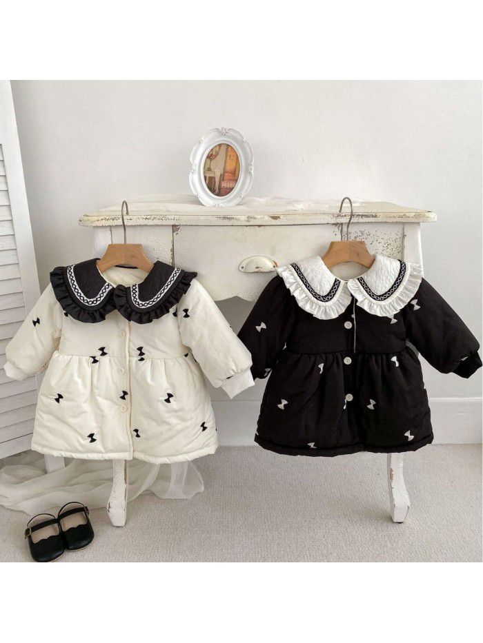 Baby winter cotton jacket, girl baby long thick cardigan, cotton jacket with stylish lace lapel and cotton jacket