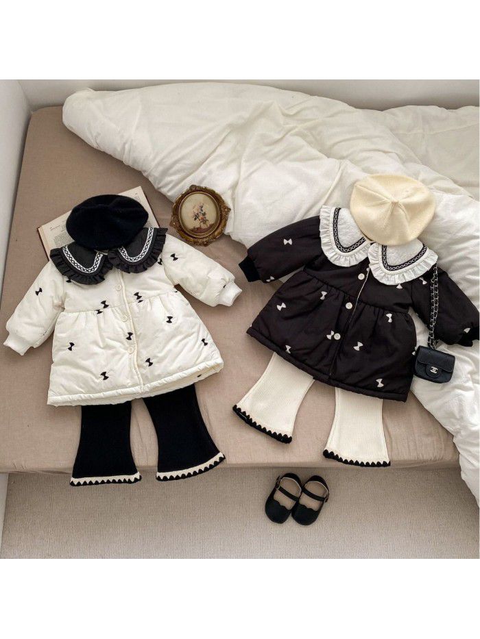 Baby winter cotton jacket, girl baby long thick cardigan, cotton jacket with stylish lace lapel and cotton jacket