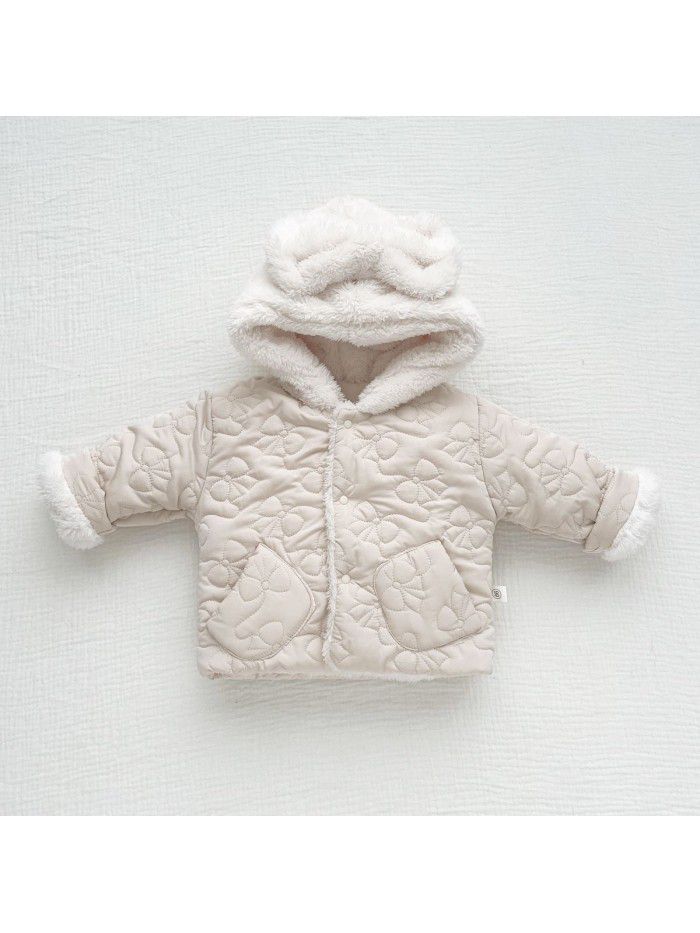 Baby plush winter men and women's clothing bow hooded Korean version newborn warm cotton jacket jacket