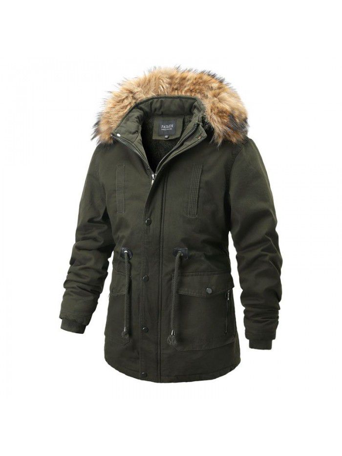 Men's cotton jacket with plush and winter cotton jacket, men's mid length thick and warm jacket