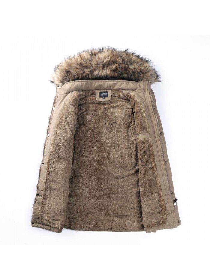 Men's cotton jacket with plush and winter cotton jacket, men's mid length thick and warm jacket