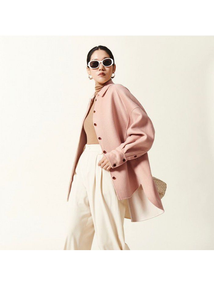 Autumn and winter layered light and thin mulberry silk woolen coat, wool coat, women's loose and casual single breasted lapel woolen coat
