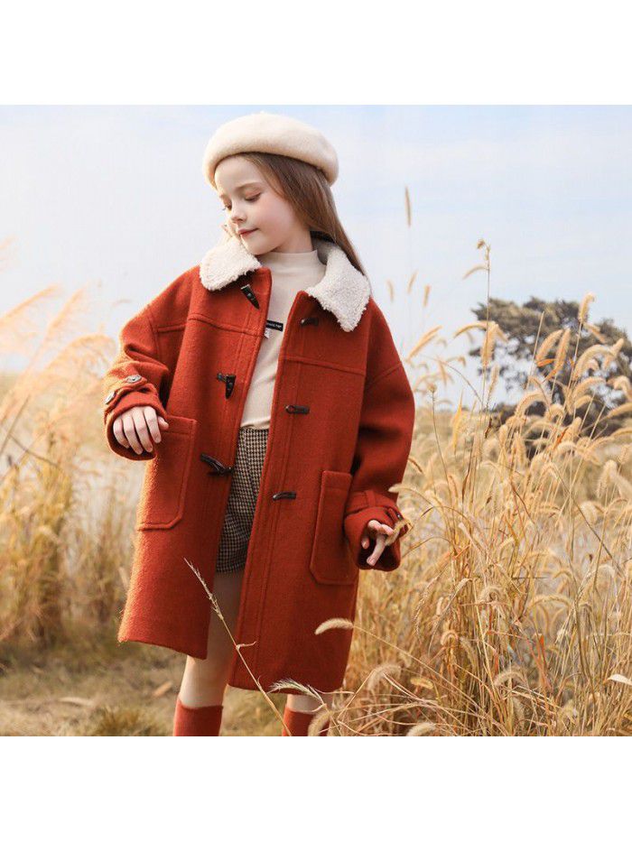 Girls' woolen coat, winter clothing, new children's coat, stylish, medium to long, thick cotton jacket for big children