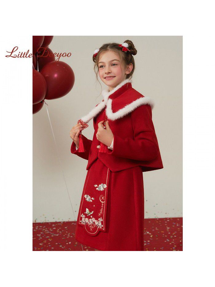 Girl Winter Girl Red Set Chinese Style Two Piece Set
