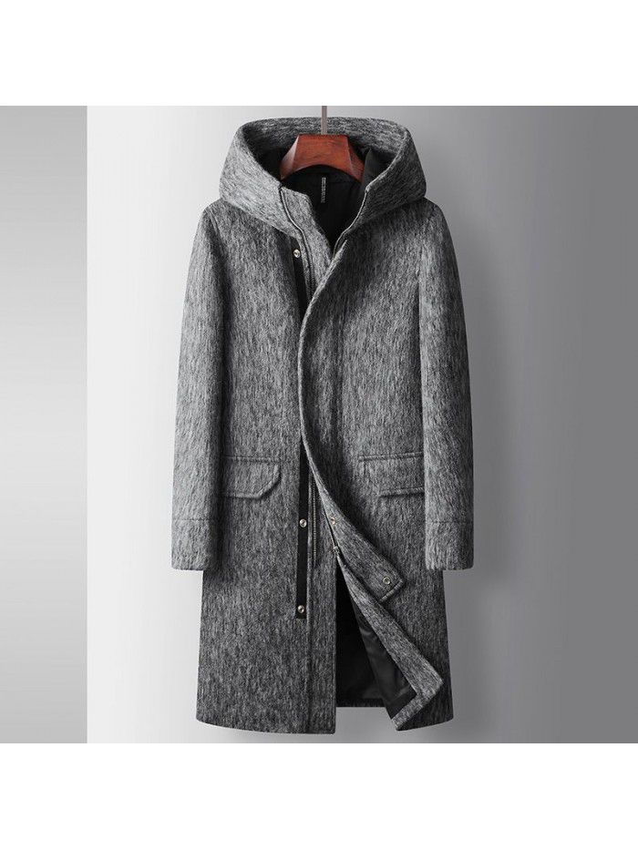 Men's coat autumn and winter long hooded wool windbreaker youth business thickened solid color casual warm coat