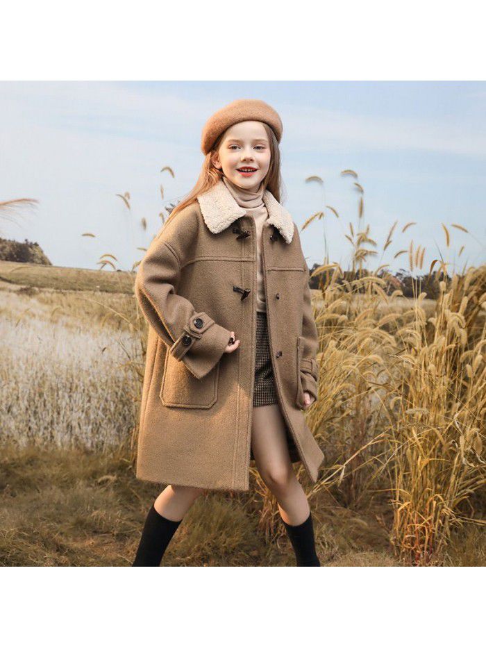 Girls' woolen coat, winter clothing, new children's coat, stylish, medium to long, thick cotton jacket for big children