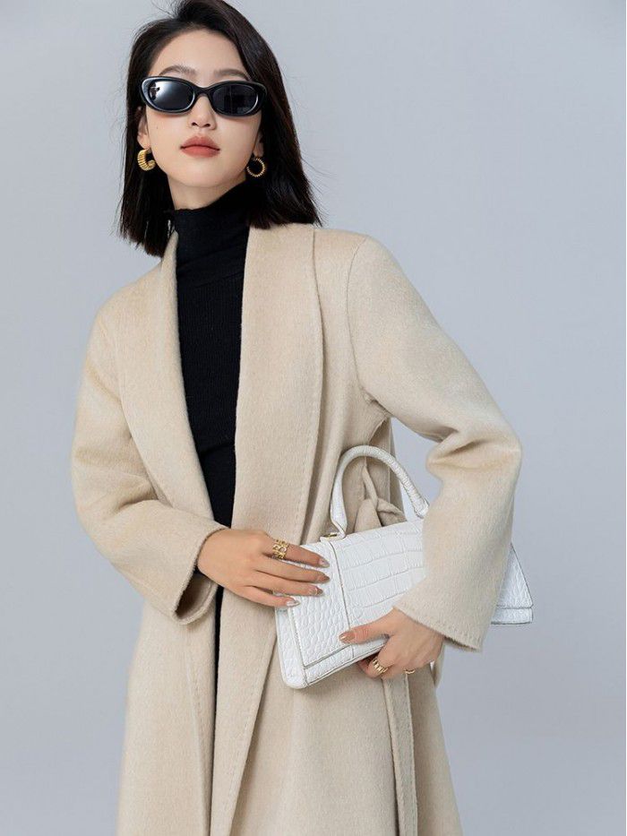 Camel velvet green fruit collar tie up long coat, loose and slimming for commuting women, double-sided woolen coat for women