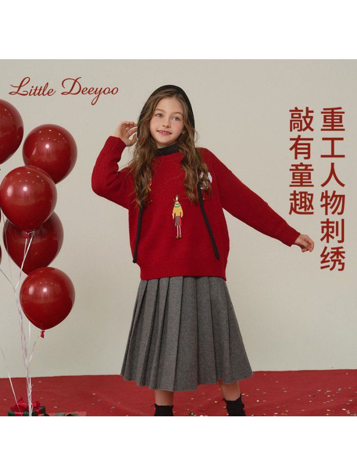 Girls' autumn and winter sweaters, Christmas style children's red New Year clothes, middle-aged children's embroidered Christmas knitwear