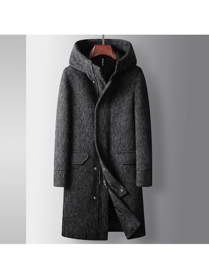 Men's coat autumn and winter long hooded wool windbreaker youth business thickened solid color casual warm coat