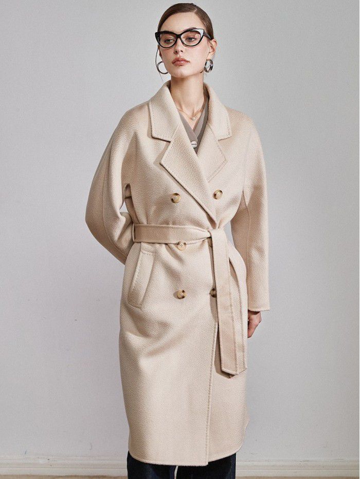 Double sided cashmere coat for women's mid length drawstring to show temperament woolen coat