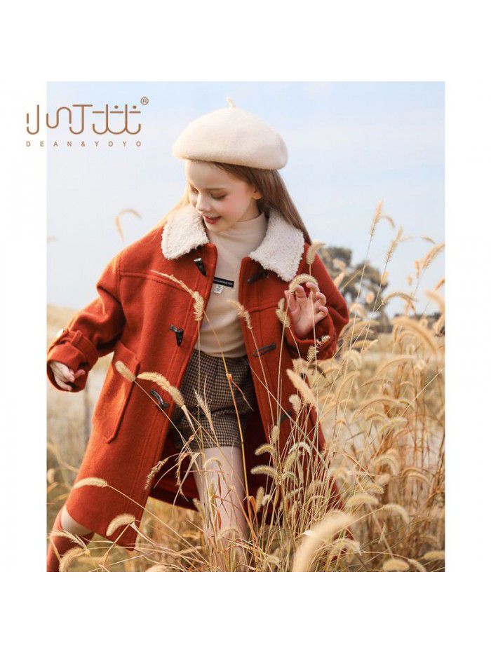 Girls' woolen coat, winter clothing, new children's coat, stylish, medium to long, thick cotton jacket for big children