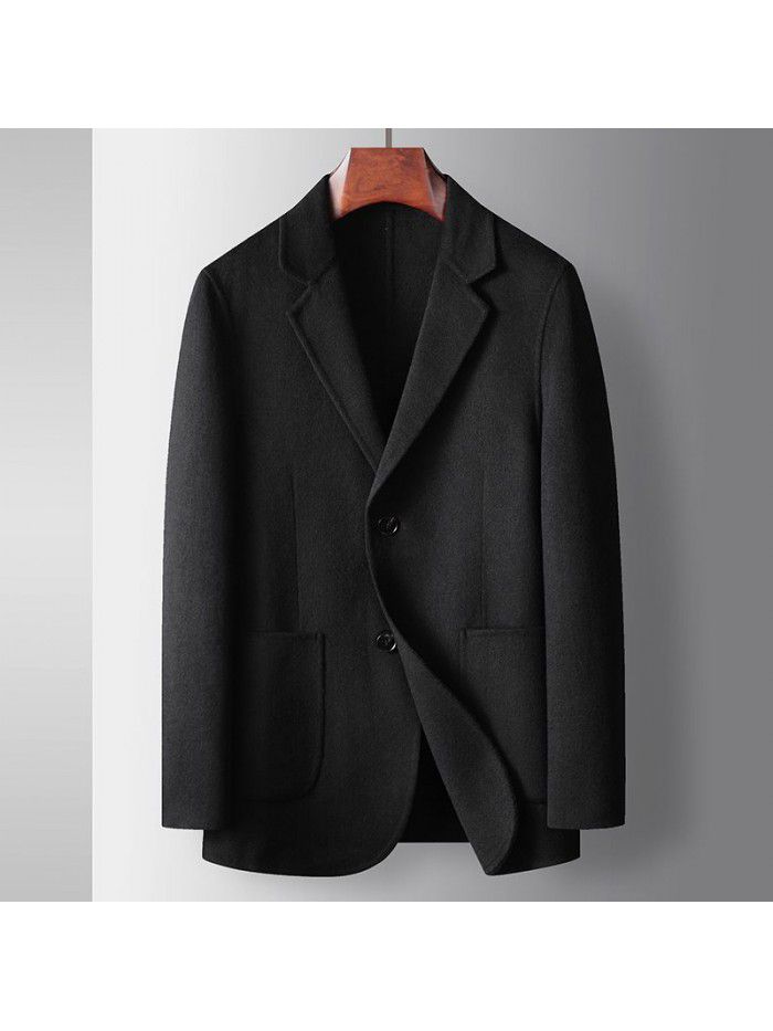 Men's casual suit, autumn and winter handmade wool single western, middle-aged and young solid color business double-sided woolen suit jacket