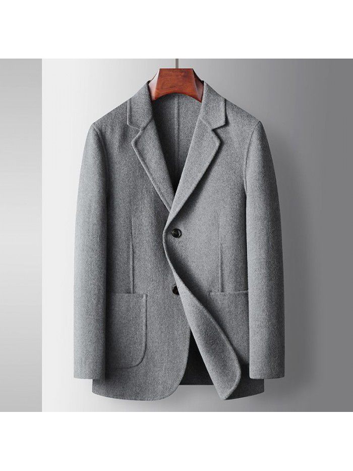 Men's casual suit, autumn and winter handmade wool single western, middle-aged and young solid color business double-sided woolen suit jacket