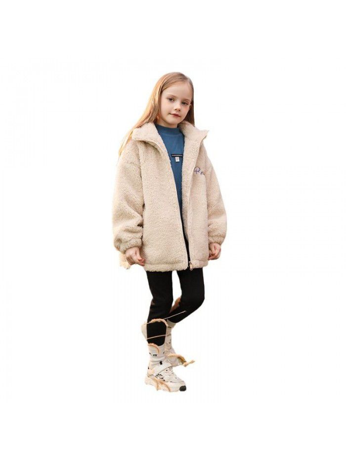 Girls' Winter New Lamb Wool Coat Children's Autumn and Winter Cotton Clip Thickened Coat Big Children's Western Style Wool Sweater