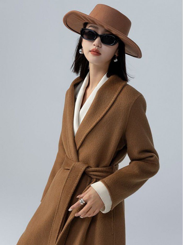 Camel velvet green fruit collar tie up long coat, loose and slimming for commuting women, double-sided woolen coat for women
