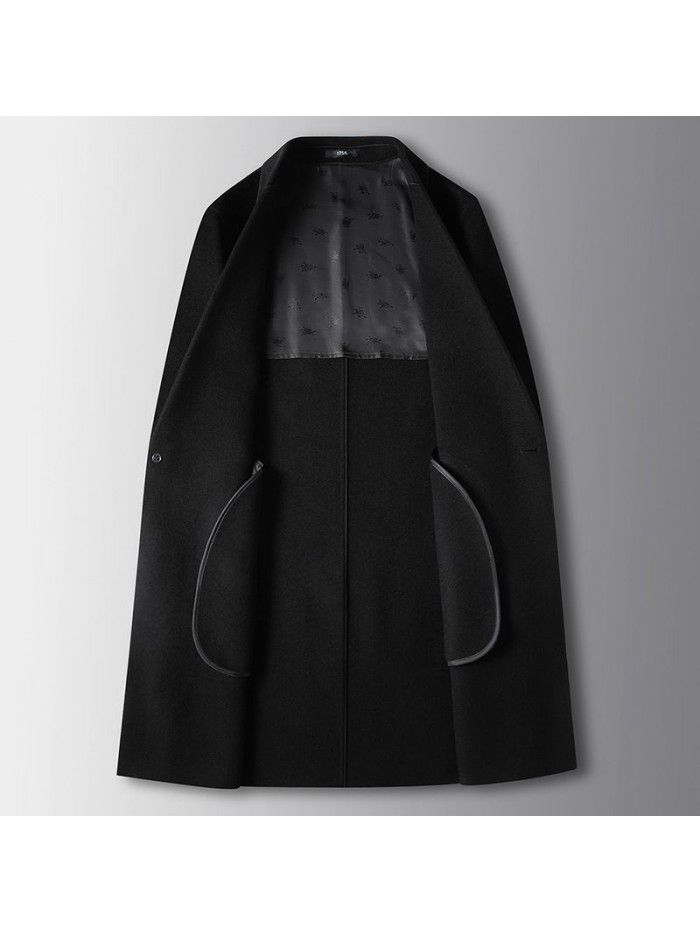 Men's coat, autumn and winter medium length wool windbreaker, middle-aged and young business woolen solid color thickened casual coat