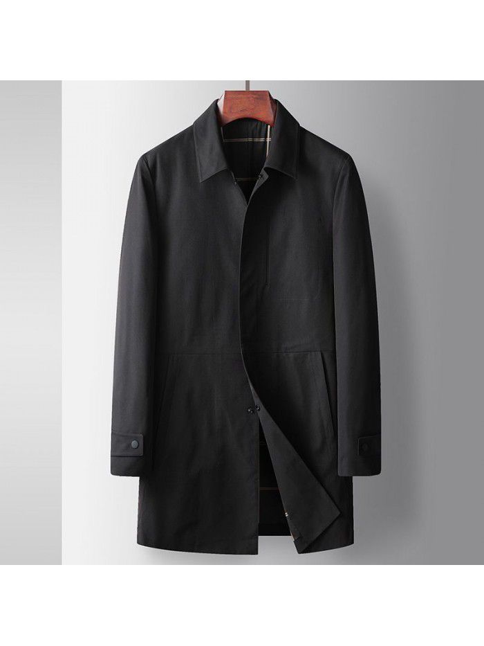 Men's Trench Spring and Autumn New Youth Light Luxury Business Leisure Mid length Flip Collar Non iron Trench Coat
