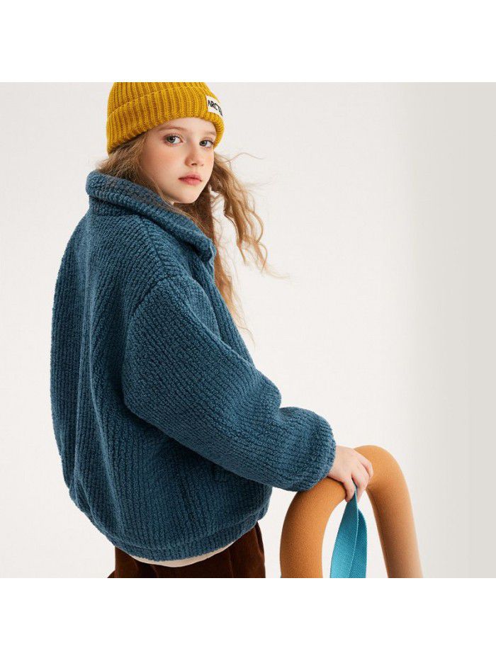 Xiao Ding You You Girls' Imitation Lamb Hair Coat Autumn and Winter New Big Children's Short Winter Loose plush Coat