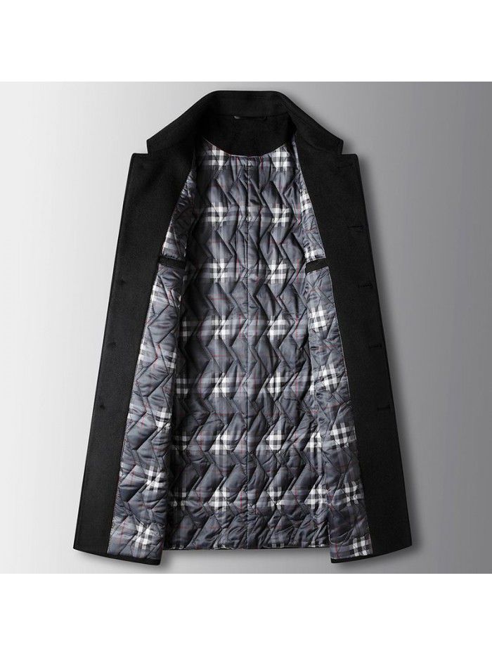 Men's coat autumn and winter mid length flip collar with cotton clip, thickened wool single side windbreaker, middle-aged business warm coat