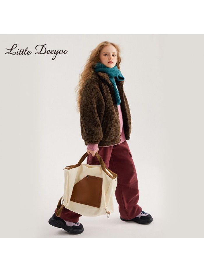 Xiao Ding You You Girls' Imitation Lamb Hair Coat Autumn and Winter New Big Children's Short Winter Loose plush Coat