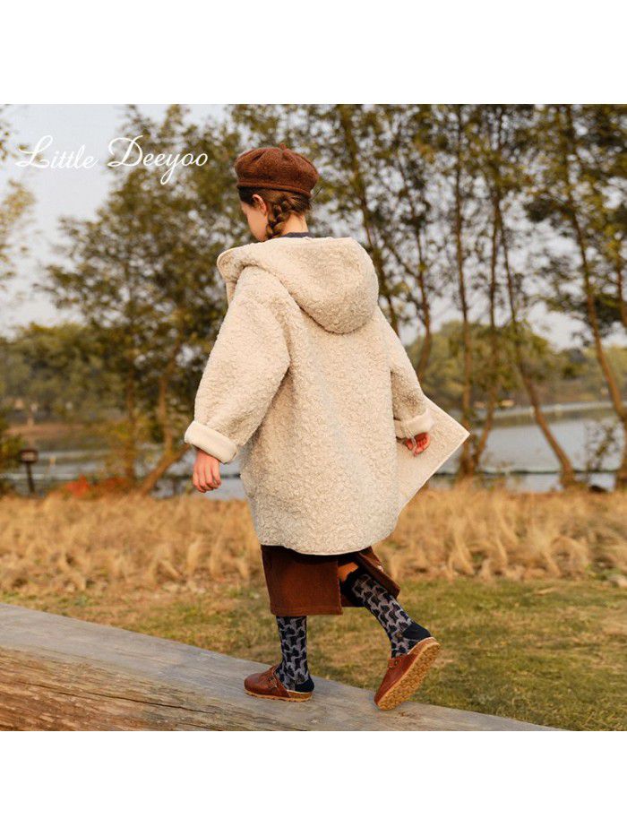 Girls' medium length granular plush jacket, winter new westernized style, children's lamb fur and fur all in one
