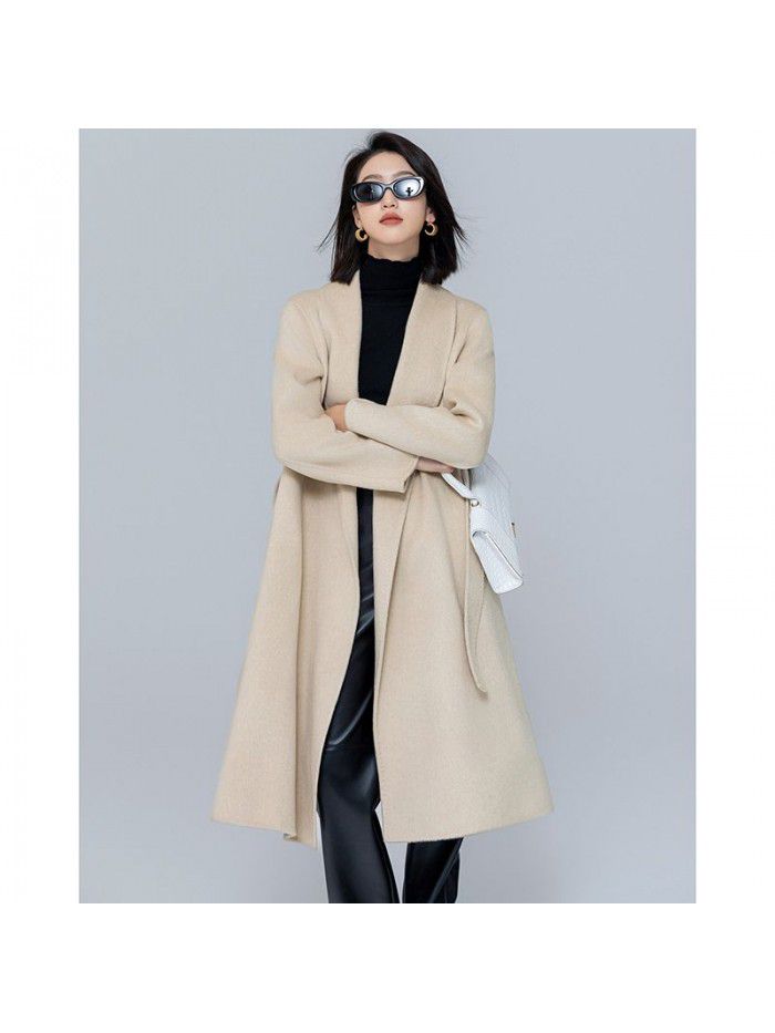 Camel velvet green fruit collar tie up long coat, loose and slimming for commuting women, double-sided woolen coat for women