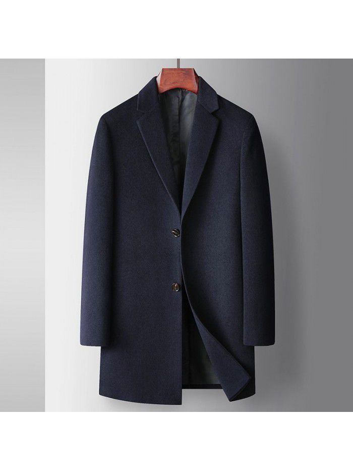 Men's woolen coat autumn and winter mid length youth business woolen windbreaker solid color casual wool coat
