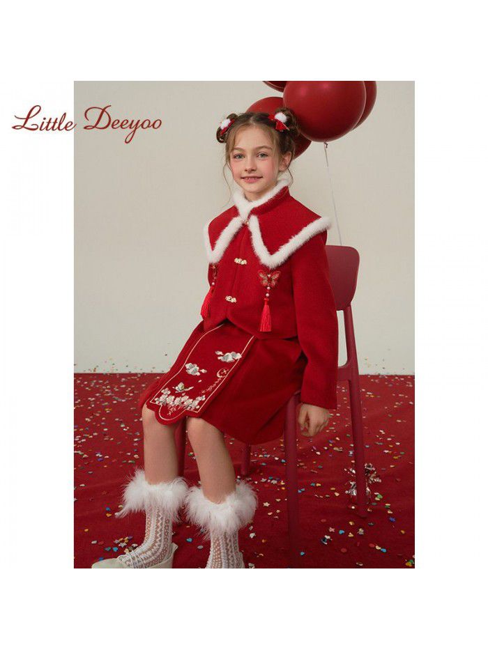 Girl Winter Girl Red Set Chinese Style Two Piece Set