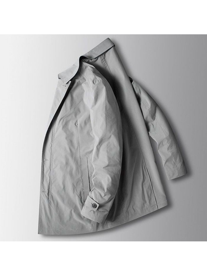 Men's Windbreaker Spring and Autumn New Flip Collar Mid length Casual Windbreaker Solid Color Middle Youth Men's Business Coat