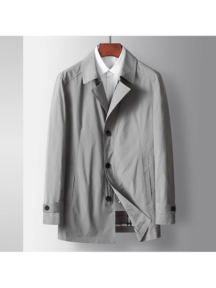 Men's Windbreaker Spring and Autumn New Flip Collar Mid length Casual Windbreaker Solid Color Middle Youth Men's Business Coat