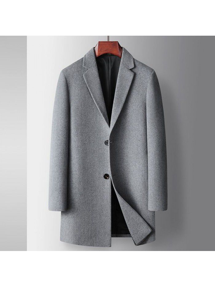 Men's woolen coat autumn and winter mid length youth business woolen windbreaker solid color casual wool coat