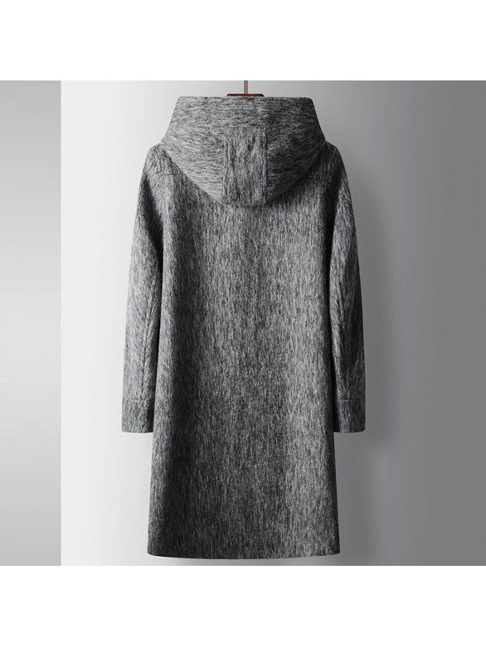 Men's coat autumn and winter long hooded wool windbreaker youth business thickened solid color casual warm coat