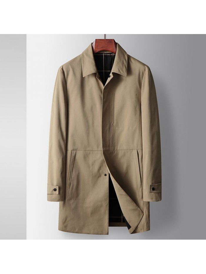 Men's Trench Spring and Autumn New Youth Light Luxury Business Leisure Mid length Flip Collar Non iron Trench Coat