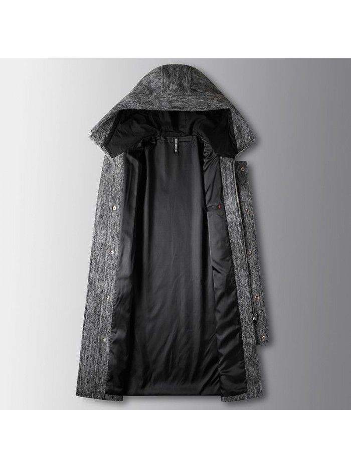 Men's coat autumn and winter long hooded wool windbreaker youth business thickened solid color casual warm coat