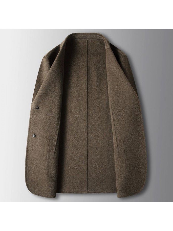 Men's casual suit, autumn and winter handmade wool single western, middle-aged and young solid color business double-sided woolen suit jacket