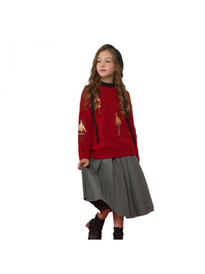 Girls' autumn and winter sweaters, Christmas style children's red New Year clothes, middle-aged children's embroidered Christmas knitwear