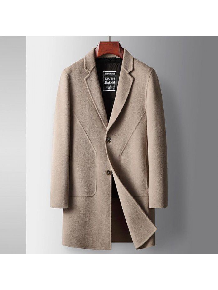 Men's coat autumn and winter medium length wool windbreaker with detachable down inner lining, youth business double-sided woolen warm coat
