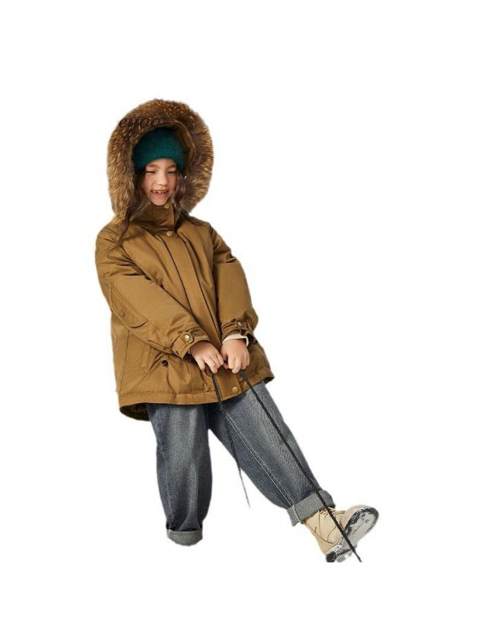 Girls' parka jacket, down jacket, winter clothing, new style, big raccoon neck, windproof, warm and thickened coat for middle-aged and young children