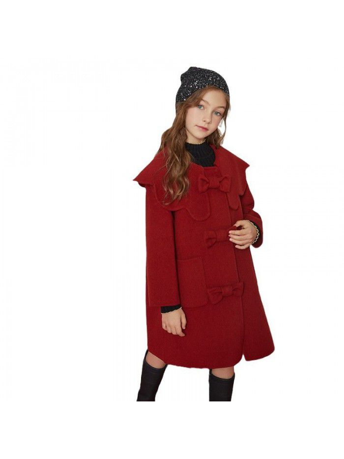 Girls' woolen coat new children's double-sided cashmere new year's red woolen coat for middle-aged and elderly children
