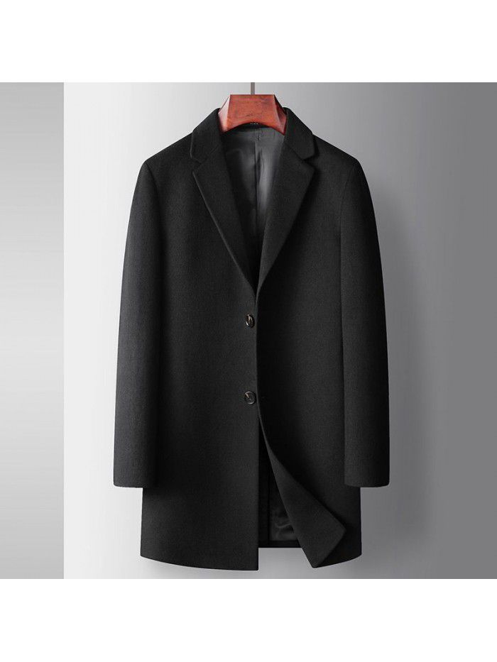 Men's woolen coat autumn and winter mid length youth business woolen windbreaker solid color casual wool coat