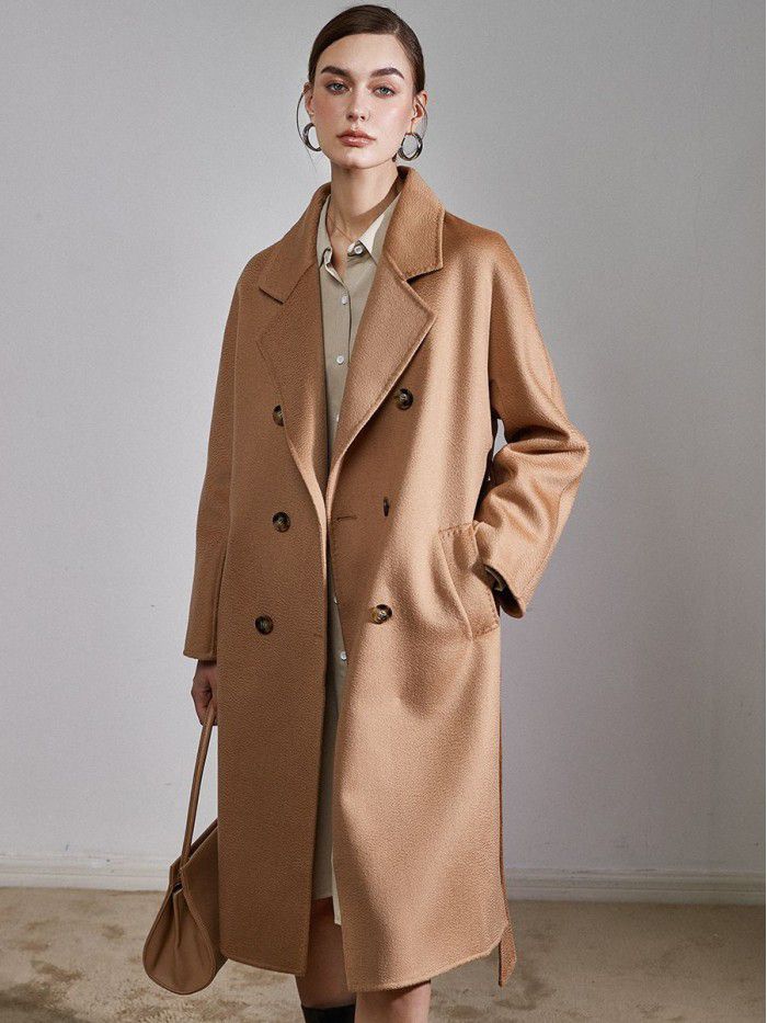 Double sided cashmere coat for women's mid length drawstring to show temperament woolen coat